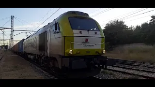 CAPTRAIN 6004 (antigua librea de TAKARGO) con el Teco de Portugal saliendo de Manzanares con pitadas