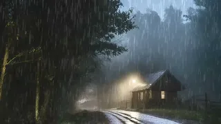 Deep sleep instantly and rid insomnia fast with heavy rain on tin roof in foggy forest at night
