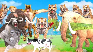 Three Tigers Trap Cow Cartoon Rescue by Gorilla Bull Fight Dinosaur Saved by Woolly Mammoth Vs Wolf