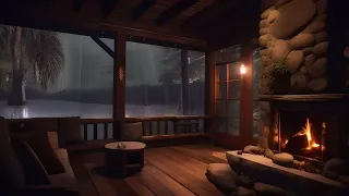 Cozy Rain Ambience with a crackling fire place on lake house in the forest for relaxation and sleep.