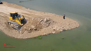 Wonderful Dozer Construction Extreme Pushing Hard Gravel Water Building Road With Dump Truck Unload