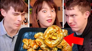 Trying EXTREME Korean 7-Eleven Foods!? Spicy Intestines + Chicken Feet!!