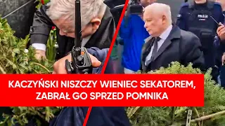 Kaczyński ruszył z sekatorem. Zniszczył i porwał wieniec. Incydent na rocznicy