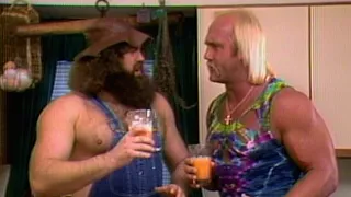 Hillbilly Jim fuels up for a workout with Hulk Hogan: Prime Time Wrestling, Sept. 7, 1988