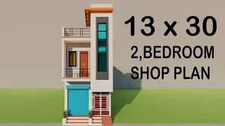 अब 13 x 30 में दो भाइयों के लिए सबसे अच्छा नक्शा,13x30 Shop With House Elevation,3D house Map