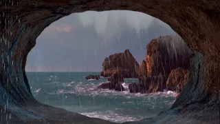 Sonido de Lluvia y Olas del Mar en una Cueva, Lluvia y Truenos en el Mar para Relajarse y Dormir