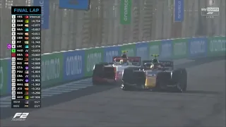 Isack Hadjar overtake on Oliver Bearman F2 Saudi Arabian GP 2023 feature race