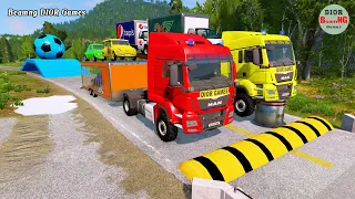 Double Flatbed Trailer Truck vs speed bumps|Busses vs speed bumps|Beamng Drive|492