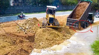 Fantastic Extreme Bulldozer Komatsu Pushing Soil Fill the land near Road with Dump truck Unloading