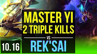 MASTER YI vs REK'SAI (JUNGLE) | 2.4M mastery points, 2 Triple Kills, KDA 13/1/4 | KR Master | v10.16