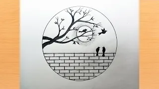 How to draw a scenery of moonlight by pencil sketch, Moonlight with pair of birds scenery drawing