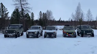 Нивы и УАЗ по мокрому снегу, весенняя покатушка