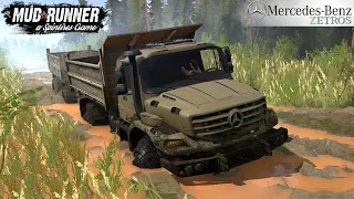 Spintires: MudRunner - MERCEDES-BENZ ZETROS 4X4 Truck With Trailer Driving Through Mud