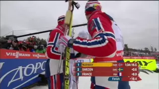 Northug VS Halfvarsson (swedish comments) finish for men's relay GOLD VM Falun 2015