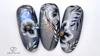 One stroke flowers nail art with Aurora flakes nail art. Fall nail art