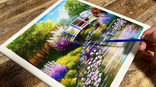 Acrylic Landscape Painting | Time-Lapse | Bridge & Flowers