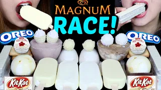 ASMR WHITE CHOCOLATE RACE! MAGNUM ICE CREAM BAR, CARAMEL PUDDING BALL, KITKAT, OREO, FERRERO, CAKE먹방