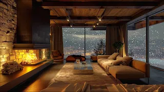Snow Falling Day In Cozy Winter Room Ambience With Fireplace Sound and Relaxing Snowfall
