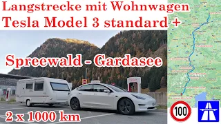 Langstrecke Tesla Model 3 sr+ 60 kWh mit Wohnwagen