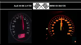 Audi A4 B6 1.9 TDI VS. BMW X3 30d F25 - Acceleration 0-100km/h