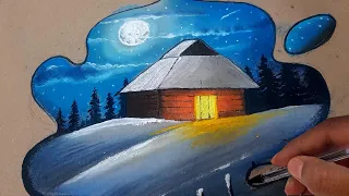 How To Draw A House In The Winter Night | Live landscape drawing