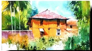 Beautiful konkan house in watercolour technique/by Rahul/inspire from milind mulick.