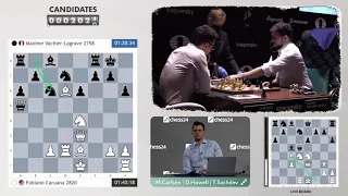 Fabiano Caruana sacrifices a piece against MVL in the Candidates while Magnus watches