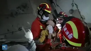 Young child rescued after hotel collapse in east China