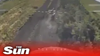 Ukrainian Kamikaze drone crashes into Russian tank on the battlefield