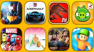 Standoff 2, Asphalt 9. Jurassic World, Bad Piggies, Champions, Potato Rush, Evony, Stumble Guys