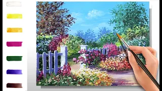 Розовый куст в саду. Как нарисовать пейзаж 🎨АКРИЛ! Сезон 9-11 | Мастер-класс ДЕМО