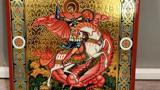 Рукописная икона Георгий Победоносец на коне