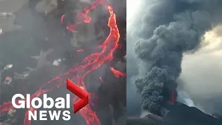 La Palma volcano: Drone video shows new vent spurting hot ash as rivers of lava continue flowing