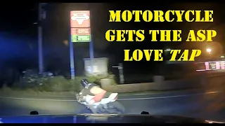 Motorcycle hits 134 MPH fleeing pursuit - Trooper provides soft tap & rider falls over into a bush