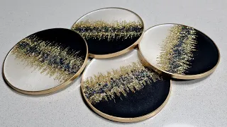 #1274 Gorgeous Black, White And Gold Resin 'Bling'  Coasters