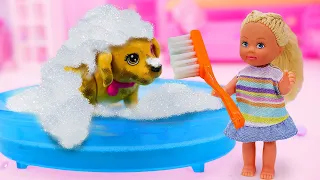 Taffy precisa de um banho! Novelinha de boneca com o cachorro da Barbie de brinquedo