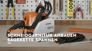 STIHL Motorsäge MS 180: Schiene und Kette montieren, Sägekette spannen