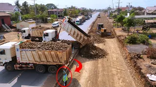 Skill Operator Of Tipper Truck Unloading Rock Soils Into 2nd Floor Cluttering By Dozer Shantui SD16