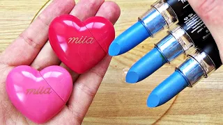 Satisfying Slime Coloring with Makeup! Mixing 3 Blue Lipsticks & Heart Shaped Lip Gloss into Slime!