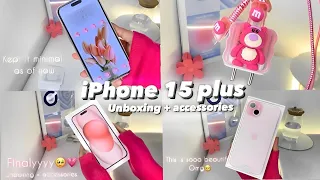  iPhone 15 PLUS+(PINK💗) unboxing CUTE accessories + charger protector +tools and camera #iphone15