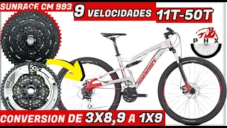 CONVERSION DE 3X7,8,9 A 1X9  11T-50T CASSETTE SUNRACE /BICICLETA ,MTB,