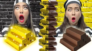 GOLD VS CHOCOLATE FOOD CHALLENGE IN JAIL FOR 24 HOURS BY CRAFTY HACKS PLUS