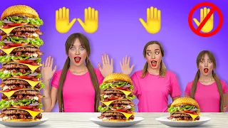 DESAFÍO DE 2 MANOS VS. 1 MANO VS. SIN MANOS | ¡Plato grande VS. pequeño! 1000 capas por 123 GO! FOOD