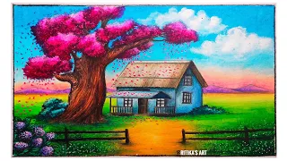 Beautiful spring season cherry blossoms 🌸 drawing . village scenery drawing easy step by step .