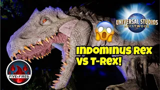 Jurassic World The Ride - New Indominus Rex Vs T-Rex Scene | Universal Studios Hollywood 2021 [4K]