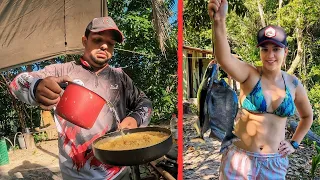 AMANHECE EM NOSSO ACAMPAMENTO PESCAMOS E FIZEMOS CAFÉ DA MANHÃ REFORÇADO NA BEIRA DO RIO