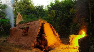 Start To Finish, Build Warm Survival Shelter Mud Roof Grass, Fireplace With Clay