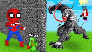 JJ and Mikey CHEATED with SPIDER MAN vs. VENOM Build Battle- Maizen Parody Video in Minecraft