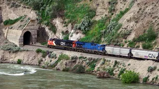 Huge CN Trains Thru Tunnels And Bridges Along With A Train Meet Between The Thompson River Canyon!
