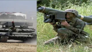 Russian military tanks with metal cage||Vs||Ukraine Javelin missile
